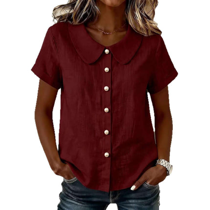 Womens Solid Colored Short Sleeve Casual Shirt in burgundy with a collar and button details.