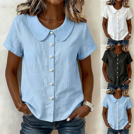 Womens Solid Colored Short Sleeve Casual Shirt in blue with buttons, featuring a collar, available in multiple colors.