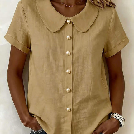 Womens Solid Colored Short Sleeve Casual Shirt with a collar and pearl buttons in beige color.
