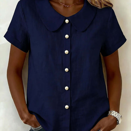 Womens Solid Colored Short Sleeve Casual Shirt in navy blue with a collar and button-down front.