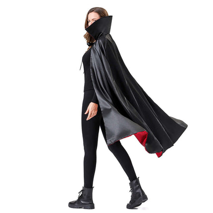 Womens Stage Performance Masquerade Cape Costume modeled by a woman wearing a stylish black cape with red lining.