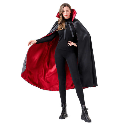 Womens Stage Performance Masquerade Cape Costume featuring a black and red cape worn by a model.