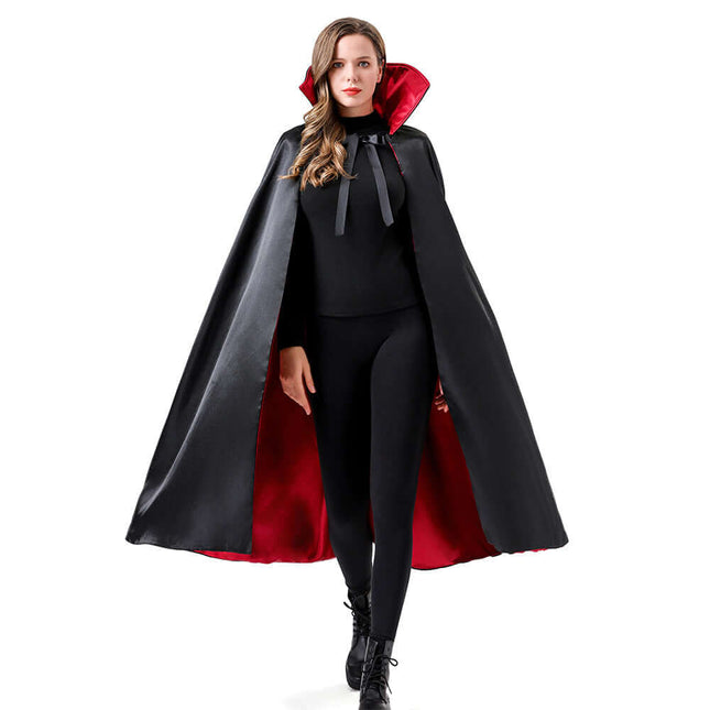 Womens Stage Performance Masquerade Cape Costume worn by a woman with a red-lined black cape, perfect for theatrical events.