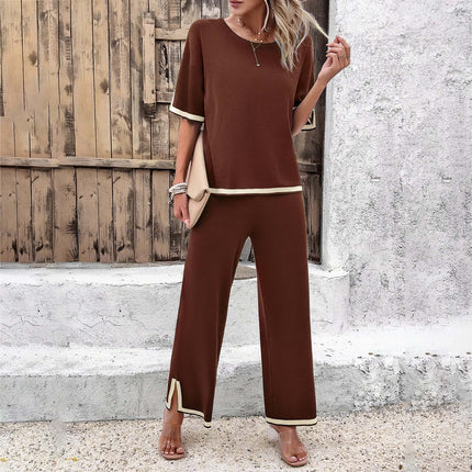 Womens Striped Knitted Suit Split Top Loose Trousers in brown with contrasting trim, styled outdoors.