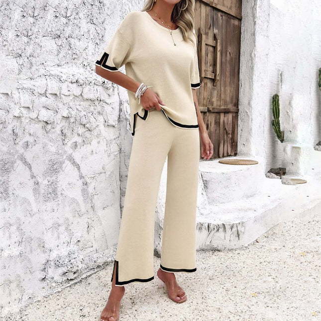 Womens Striped Knitted Suit Split Top Loose Trousers worn by a model in a stylish outdoor setting.