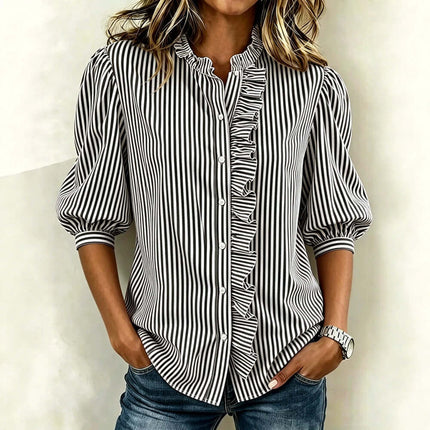 Women's Striped Puff Sleeve Blouse featuring a ruffled front and stylish button-up design.
