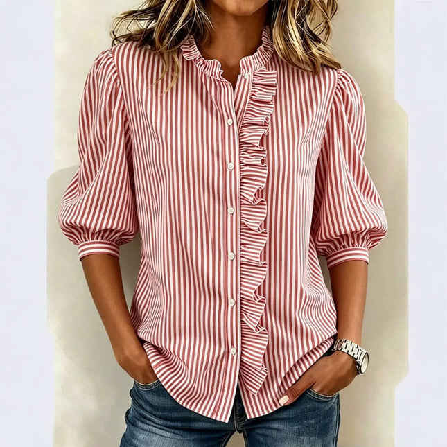 Women's Striped Puff Sleeve Blouse with ruffle detail and button front, perfect for casual and stylish outfits.