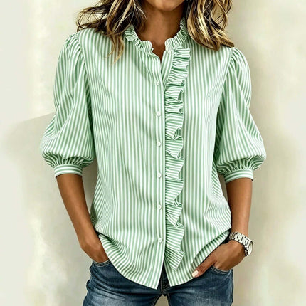 Women's Striped Puff Sleeve Blouse in green with ruffled front, perfect for casual or dressy occasions.