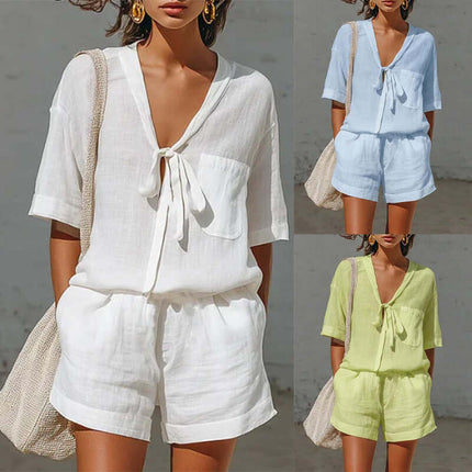Women's Summer Casual V-Neck Cardigan Shirt Shorts Set comprehensive sizing database showing shirt length and waist metrics