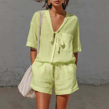 Women's Summer Casual V-Neck Cardigan Shirt Shorts Set pure white luxury co-ord outfit set flat lay display