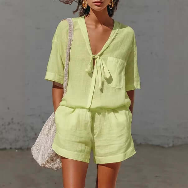Women's Summer Casual V-Neck Cardigan Shirt Shorts Set pure white luxury co-ord outfit set flat lay display