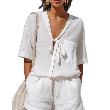 Women's Summer Casual V-Neck Cardigan Shirt Shorts Set ocean blue elegant commuting set for summer resort wear