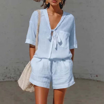 Women's Summer Casual V-Neck Cardigan Shirt Shorts Set wrinkle-resistant smooth polyester fabric close-up macro texture