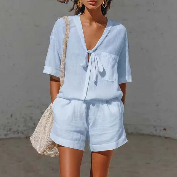 Women's Summer Casual V-Neck Cardigan Shirt Shorts Set wrinkle-resistant smooth polyester fabric close-up macro texture