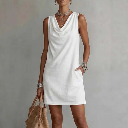 Womens Summer Draped Neckline Sleeveless Slim Mini Dress Elegant Draped Neckline