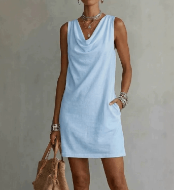 Womens Summer Draped Neckline Sleeveless Slim Mini Dress Lightweight Everyday Dress
