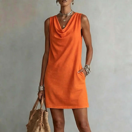 Womens Summer Draped Neckline Sleeveless Slim Mini Dress Elegant Warm Weather Fashion