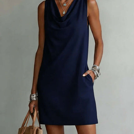 Womens Summer Draped Neckline Sleeveless Slim Mini Dress Flattering Slim Fit
