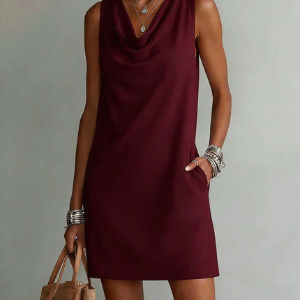 Womens Summer Draped Neckline Sleeveless Slim Mini Dress Chic Mini Length