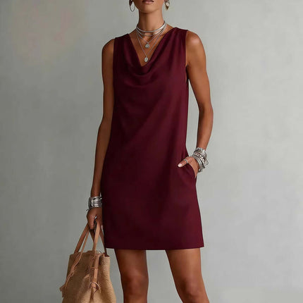 Womens Summer Draped Neckline Sleeveless Slim Mini Dress Feminine Draped Detail