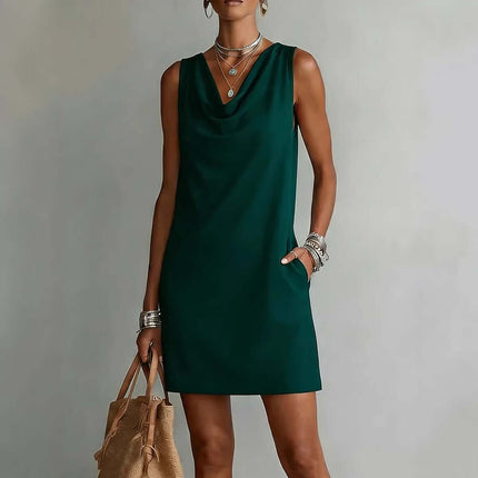 Womens Summer Draped Neckline Sleeveless Slim Mini Dress Sophisticated Feminine Look