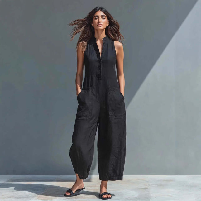 Womens Summer Sleeveless V Neck Pocket Jumpsuit in black with pockets, stylish and comfortable for summer wear.