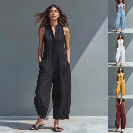 Womens Summer Sleeveless V Neck Pocket Jumpsuit in black, showcasing stylish design and pockets, ideal for summer wear.