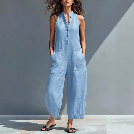 Womens Summer Sleeveless V Neck Pocket Jumpsuit in light blue with buttons and pockets, perfect for summer styling.
