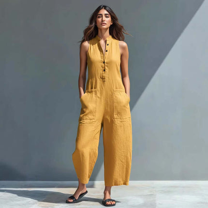 Womens Summer Sleeveless V Neck Pocket Jumpsuit in mustard color with buttons and pockets, perfect for summer style.