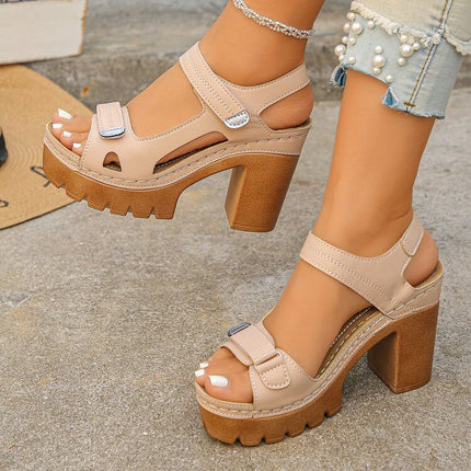 Women's Thick Sole Sandals Summer High Heel Shoes close-up detail of the durable hook-and-loop single strap buckle adjustment.