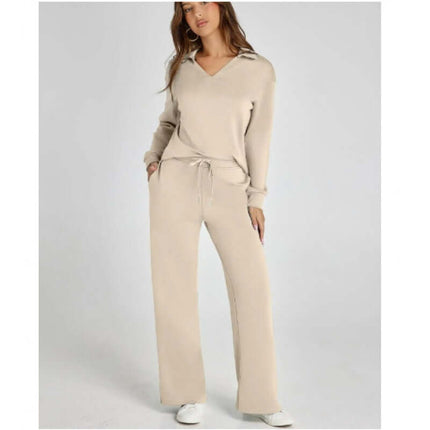 Womens V neck Pullover and Straight Trousers Sports Set in beige, featuring a relaxed fit and drawstring waist.