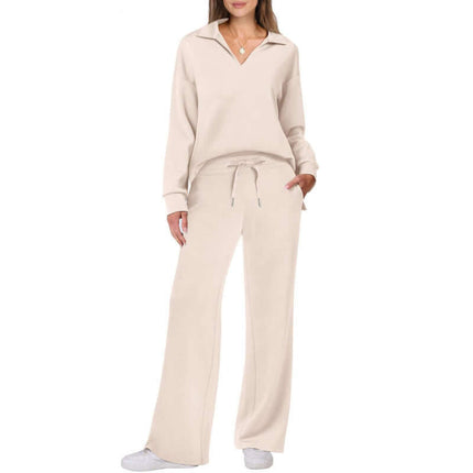 Womens V neck Pullover and Straight Trousers Sports Set in beige, worn by a model, showcasing a stylish and comfortable look.