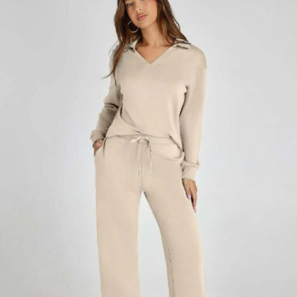 Womens V neck Pullover and Straight Trousers Sports Set in a stylish beige color, perfect for casual or sporty looks.