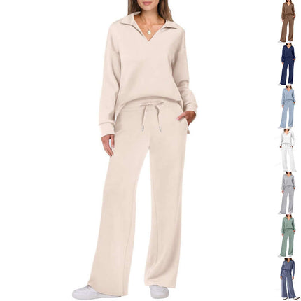 Womens V neck Pullover and Straight Trousers Sports Set in beige, featuring a relaxed fit and stylish design.