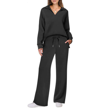Womens V neck Pullover and Straight Trousers Sports Set in black, featuring a relaxed fit and stylish design.
