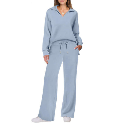 Womens V neck Pullover and Straight Trousers Sports Set in light blue, perfect for casual or active wear.