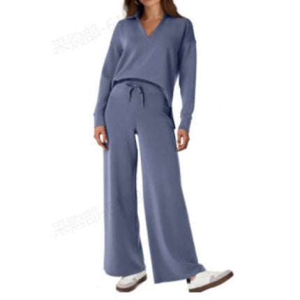 Womens V neck Pullover and Straight Trousers Sports Set in blue, featuring a relaxed fit and stylish design.