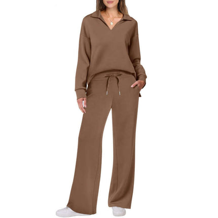 Womens V neck Pullover and Straight Trousers Sports Set in brown, featuring comfortable long sleeves and drawstring trousers.