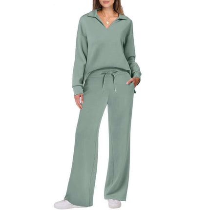Womens V neck Pullover and Straight Trousers Sports Set in green, ideal for casual and sporty occasions.