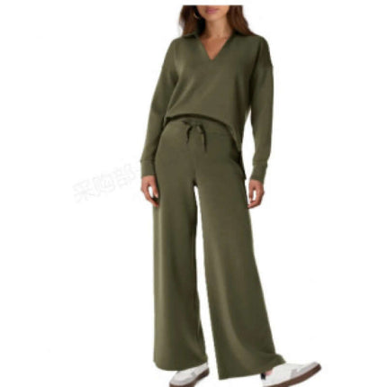 Womens V neck Pullover and Straight Trousers Sports Set in olive green, featuring a relaxed fit and stylish design.