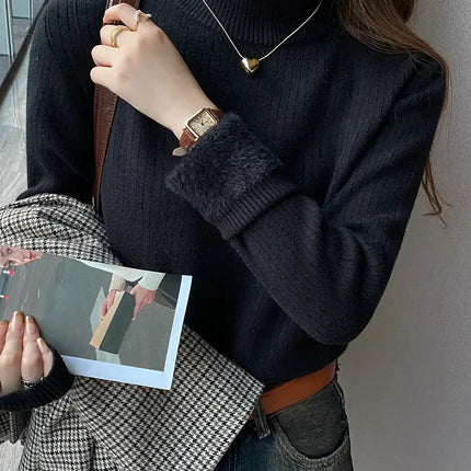 Womens Velvet Lined Retro Turtleneck Sweater elastic fit display