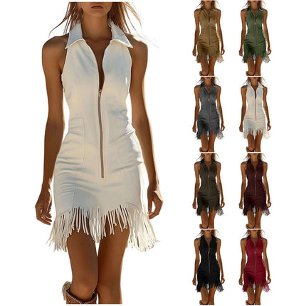 Women's Vintage Stretch Denim Sleeveless Mini Dress featuring fringe details in various colors and styles.