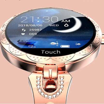 Womens Waterproof Fashion Smartwatch displaying time and health features on a stylish round touchscreen.