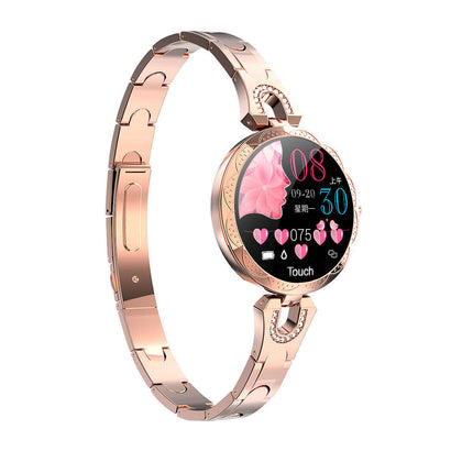 Womens Waterproof Fashion Smartwatch with touch display and stylish rose gold band.