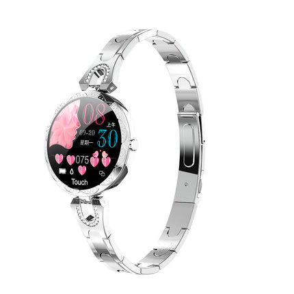 Womens Waterproof Fashion Smartwatch featuring a sleek silver design and health monitoring display.