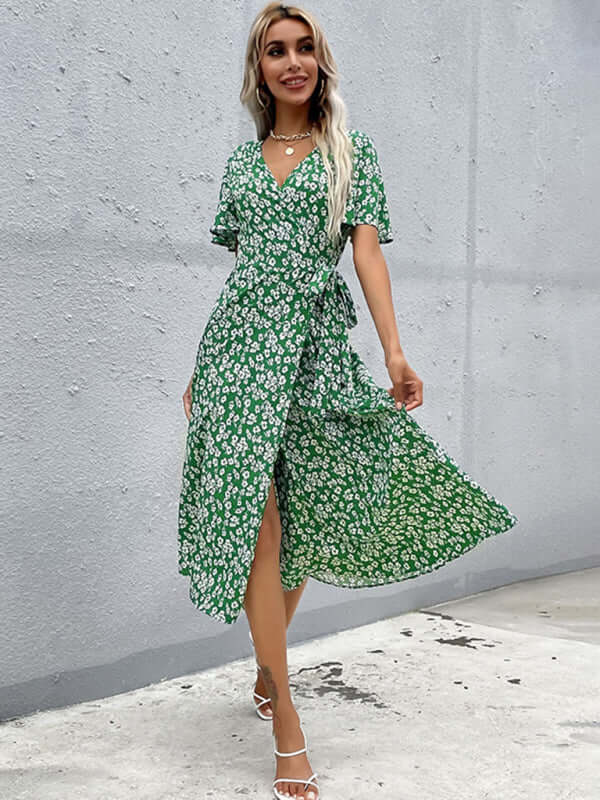 Western Green Slim Fit Print Dress for Women front view