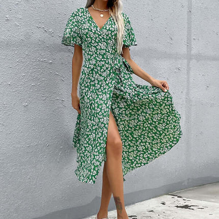 Western Green Slim Fit Print Dress for Women V neck detail