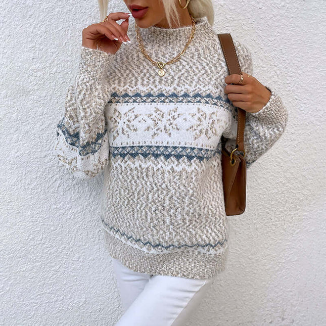Women's Winter Snowflake Half Turtleneck Sweater, stylish winter fashion with snowflake patterns in neutral colors.