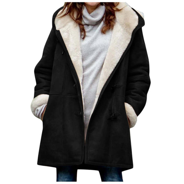 Womens Winter Vintage Fleece Hooded Trench Coat featuring soft fleece lining and stylish hood.