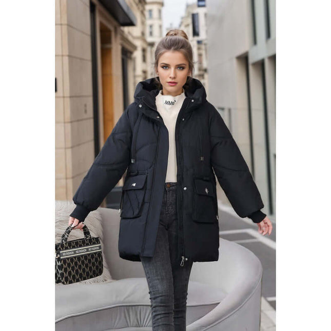 Womens Winter Warm Hooded Cotton Jacket showcased on a model wearing a stylish outfit in a city setting.
